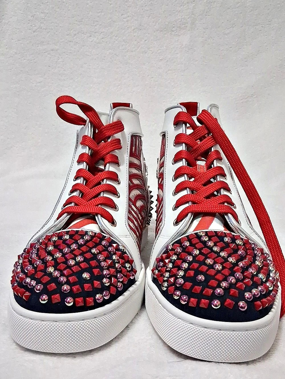 Christian Louboutin Red & White Studded High-Top Sneakers